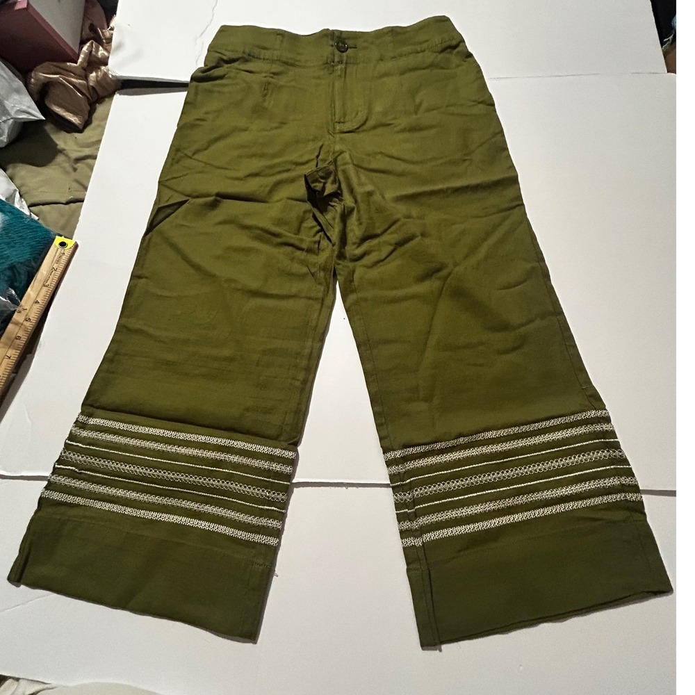 Olive Green Linen Blend Wide Leg Cropped Embroidered Pants Size Preppy Boho Sm